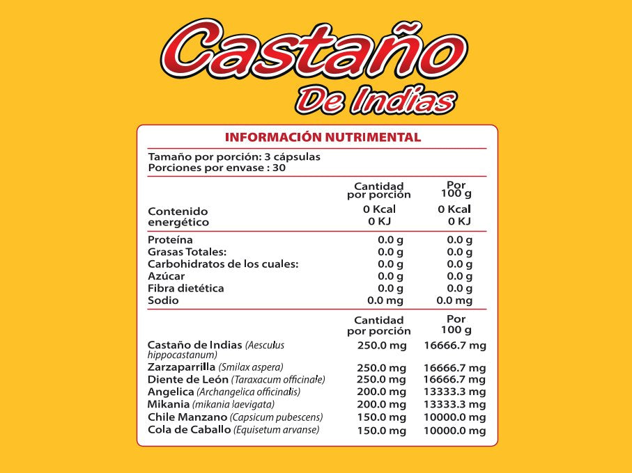 Castaño de Indias, Mikania, Cayene, Zarzaparrilla, Diente de León - 90 Cápsulas de 500 mg