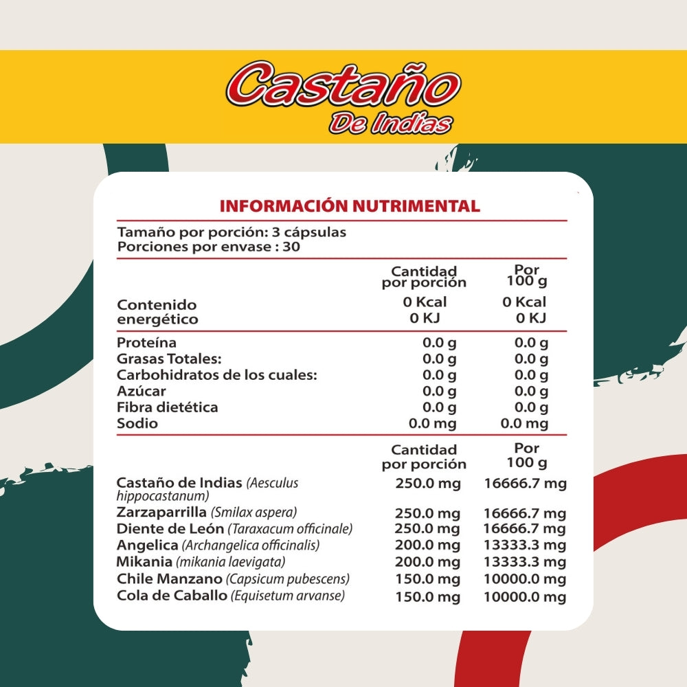 Castaño de Indias, Mikania, Cayene, Zarzaparrilla, Diente de León - 90 Cápsulas de 500 mg