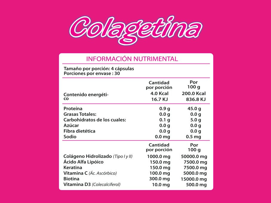 Colagetina - Colágeno Hidrolizado, Biotina, Ácido Alfa Lipoico, Keratina - 120 cápsulas 500 mg