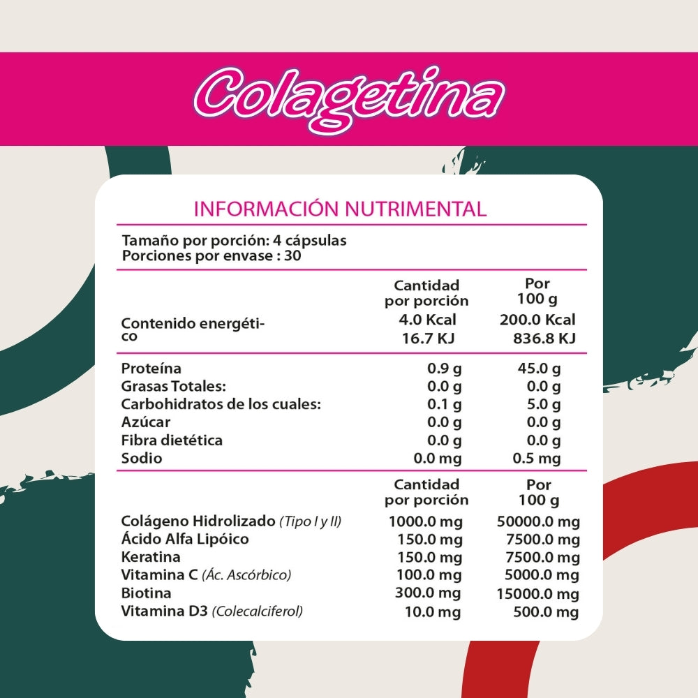Colagetina - Colágeno Hidrolizado, Biotina, Ácido Alfa Lipoico, Keratina - 120 cápsulas 500 mg