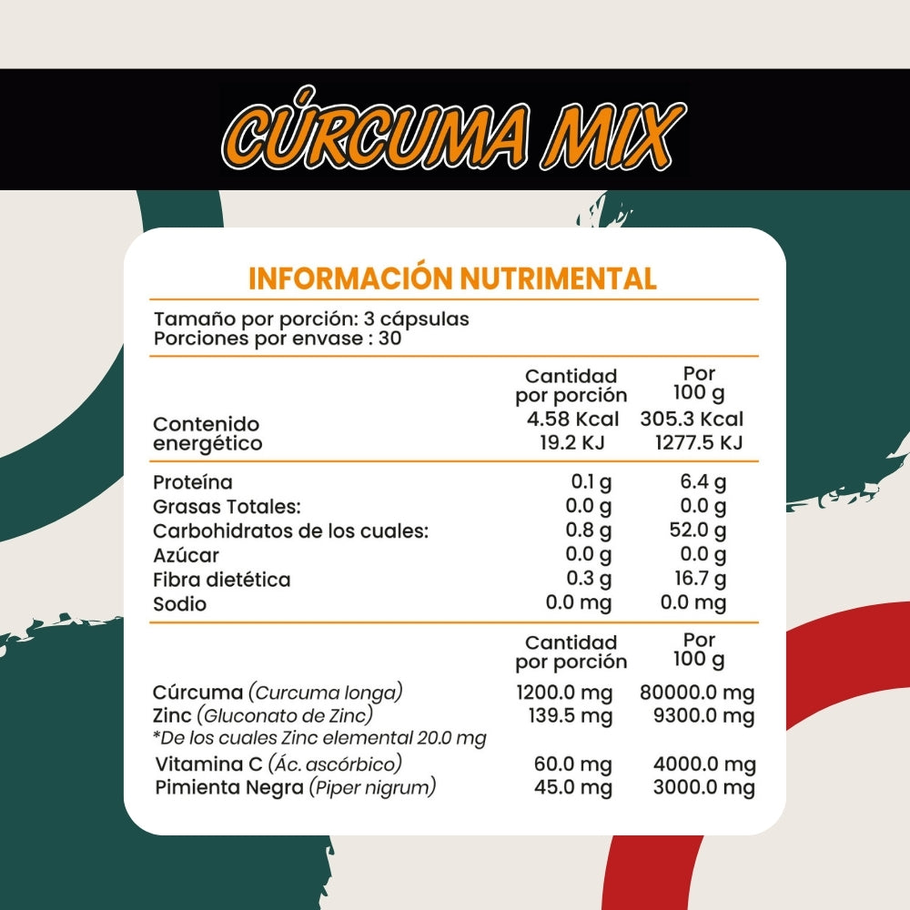 Cúrcuma Mix - Cúrcuma, Pimienta Negra, Vitamina C, Zinc - 90 Cápsulas de 500 mg