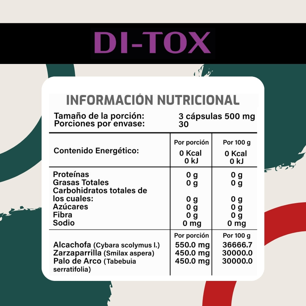 Di-Tox - Palo de Arco, Zarzaparrilla, Alcachofa - 90 Cápsulas de 500 mg