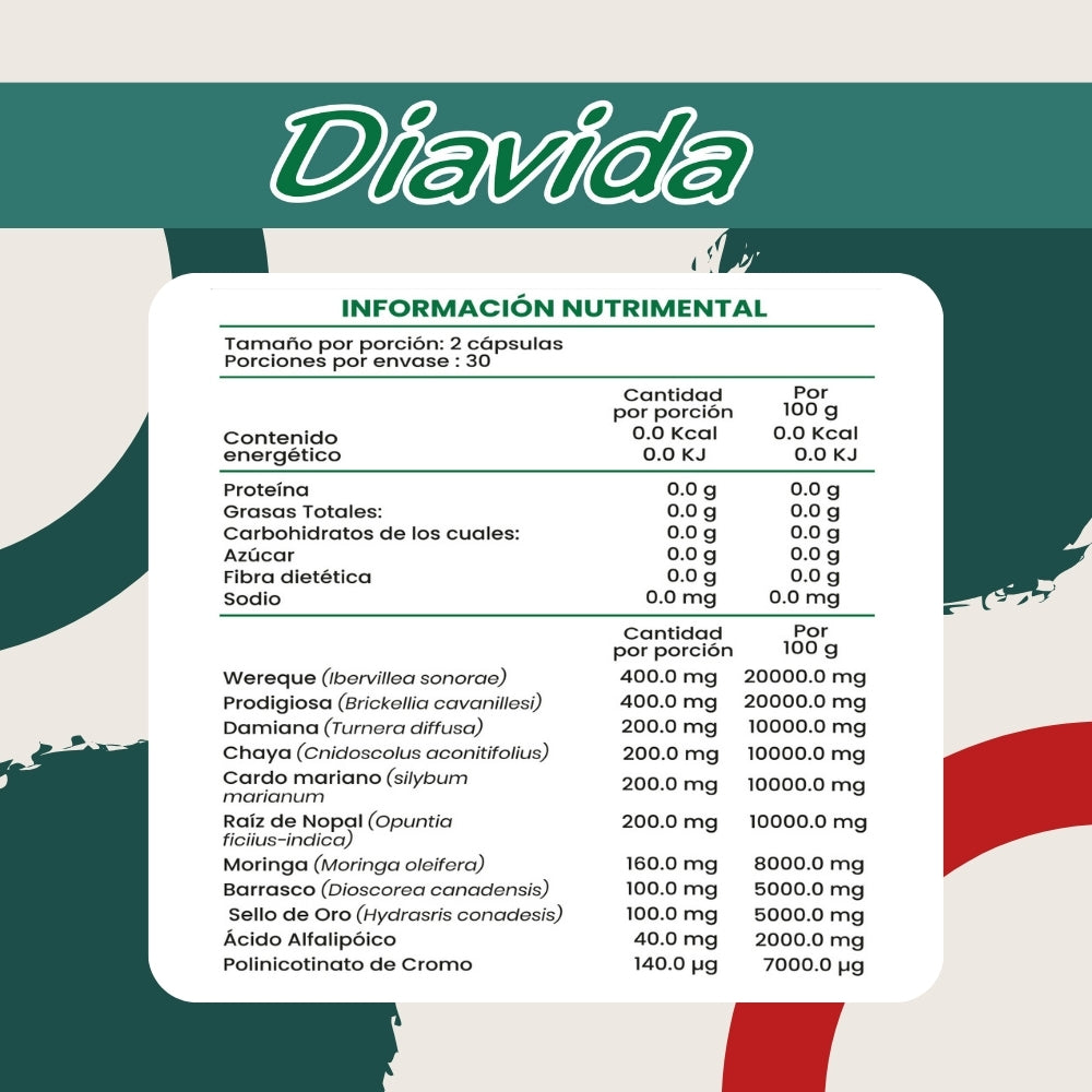 Diavida - Wereque, Prodigiosa, Chaya, Moringa, Damiana, Ácido Alfa Lipoico - 60 cápsulas de 1000 mg