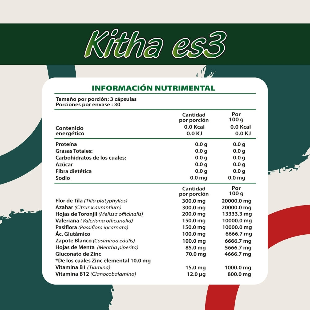 Kitha Es3 - Valeriana, Tila, Toronjil, Menta, Ácido Glutámico, Vitamina B1, Ginkgo Biloba - 90 Cápsulas de 500 mg