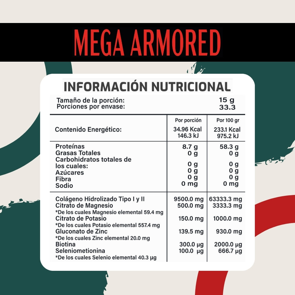 Mega Armored - Polvo con Citrato de Magnesio, Citrato de Potasio, Selenio, Biotina, Colágeno Hidrolizado, Zinc - 500 gr