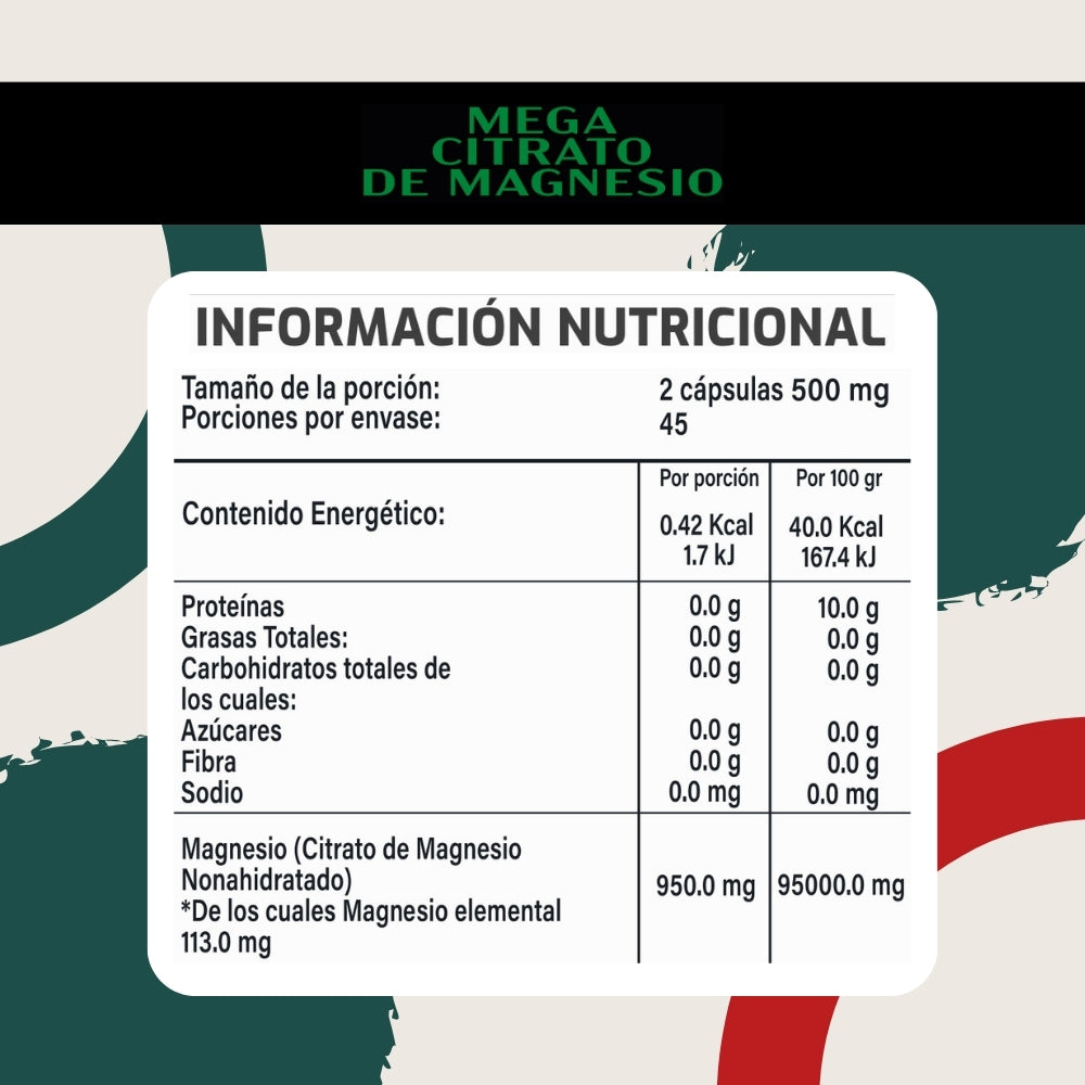 Mega Citrato de Magnesio - 90 cápsulas de 500 mg