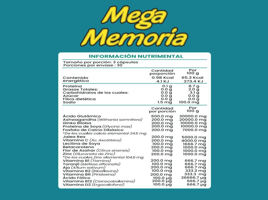 Mega Memoria - Ashwagandha, Ginkgo biloba, Ácido glutámico, Jalea Real, Vitamina B1, Zinc - 90 Cápsulas de 500 mg