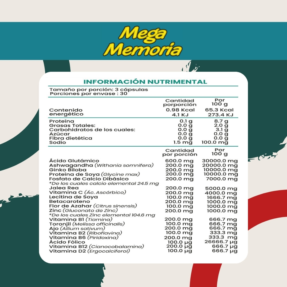 Mega Memoria - Ashwagandha, Ginkgo biloba, Ácido glutámico, Jalea Real, Vitamina B1, Zinc - 90 Cápsulas de 500 mg