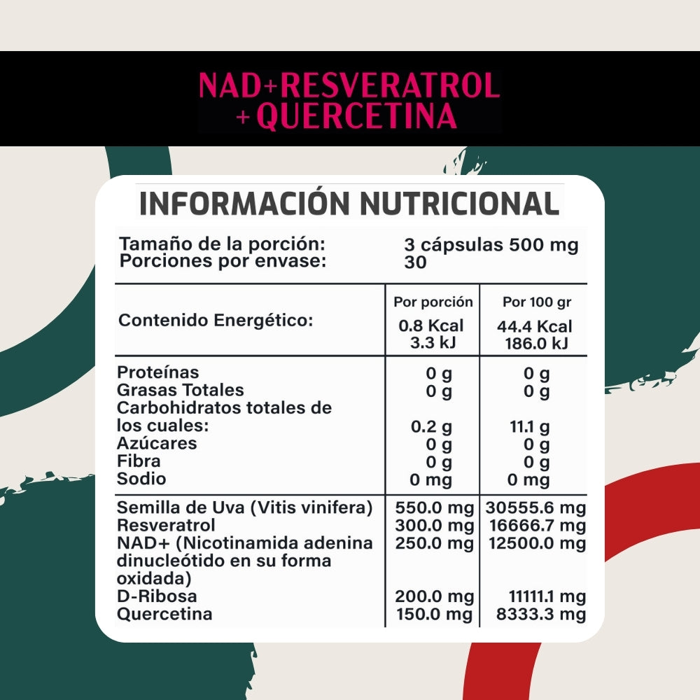 NAD + Resveratrol + Quercetina - 90 Cápsulas de 600 mg