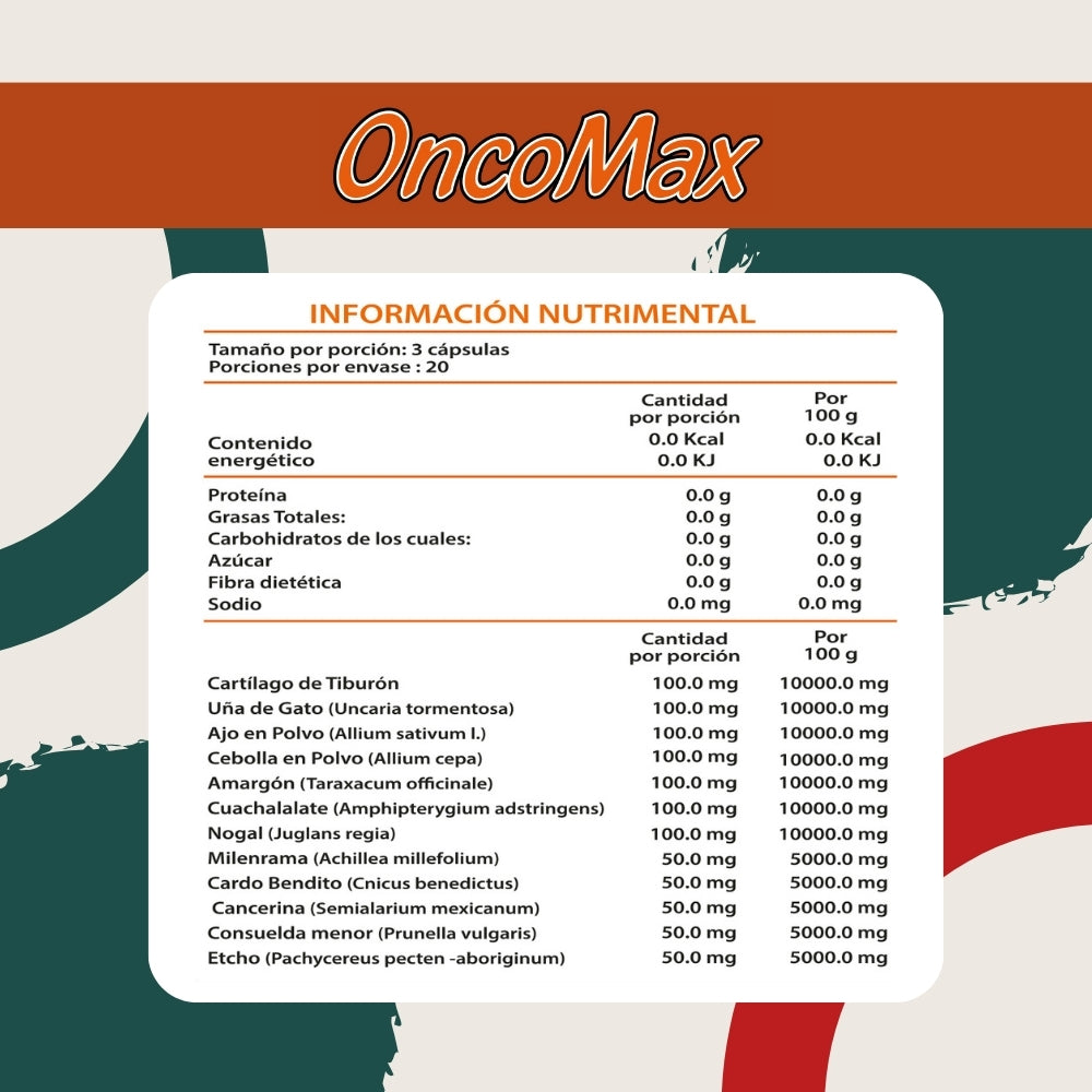OncoMax - Uña de Gato, Cardo Bendito, Ajo, Etcho, Cuachalalate, Nogal - 90 cápsulas de 1000 mg