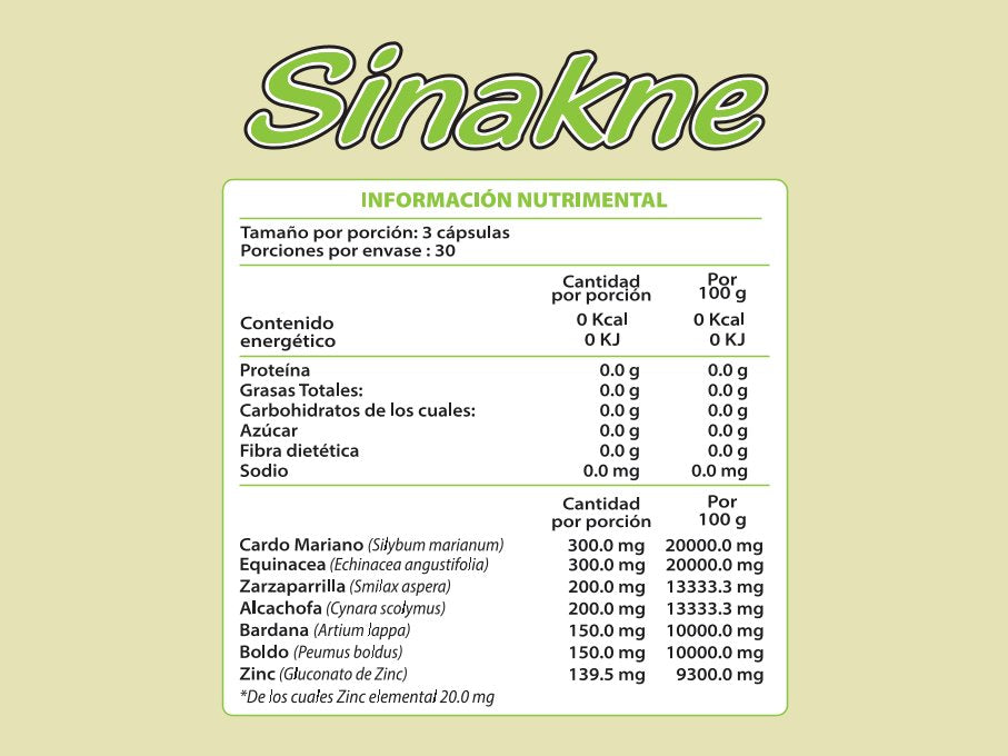 Sinakne Plus - Cardo Mariano, Alcachofa, Bardana, Zarzaparrilla, Zinc - 90 cápsulas de 500 mg