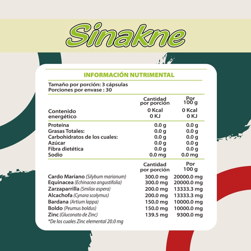 Sinakne Plus - Cardo Mariano, Alcachofa, Bardana, Zarzaparrilla, Zinc - 90 cápsulas de 500 mg