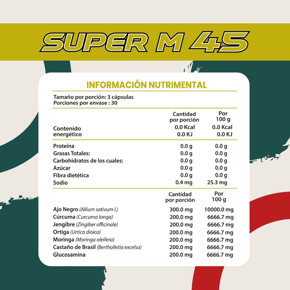Súper M 45 - Ajo Negro, Ortiga, Cúrcuma, Jengibre, Moringa, Castaño de Brasil, Glucosamina - 90 cápsulas de 1000 mg