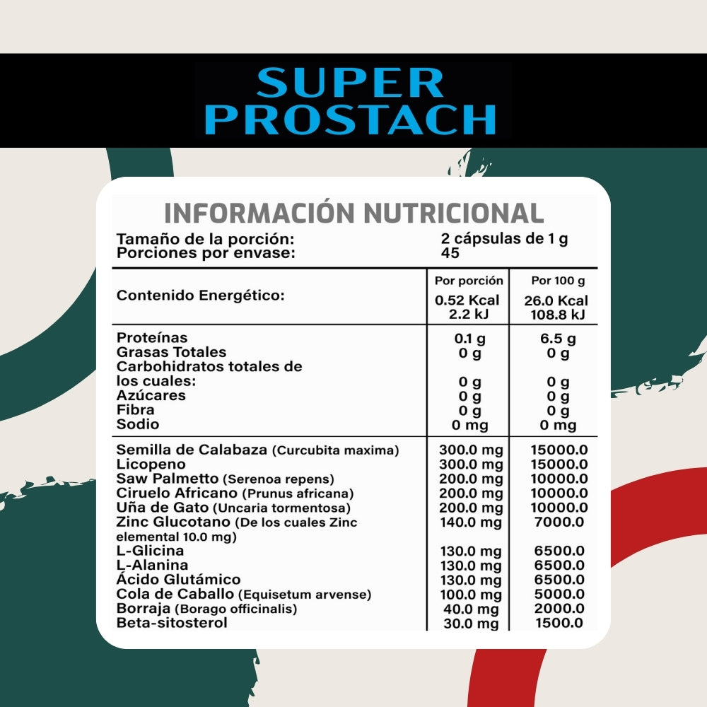 Súper Prostach - Licopeno, Semilla de Calabaza, Ciruelo Africano, Saw Palmeto, Beta-Sitosterol - 90 cápsulas de 1000 mg