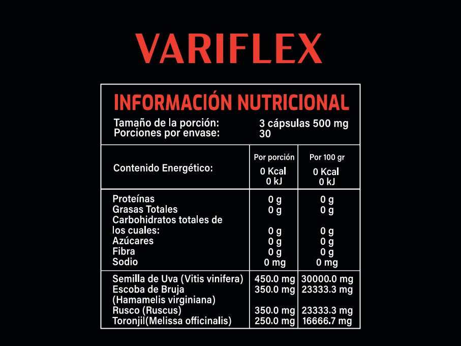 Variflex - Rusco, Vitis Vinifera, Escoba de Bruja, Toronjil - 90 Cápsulas de 500 mg