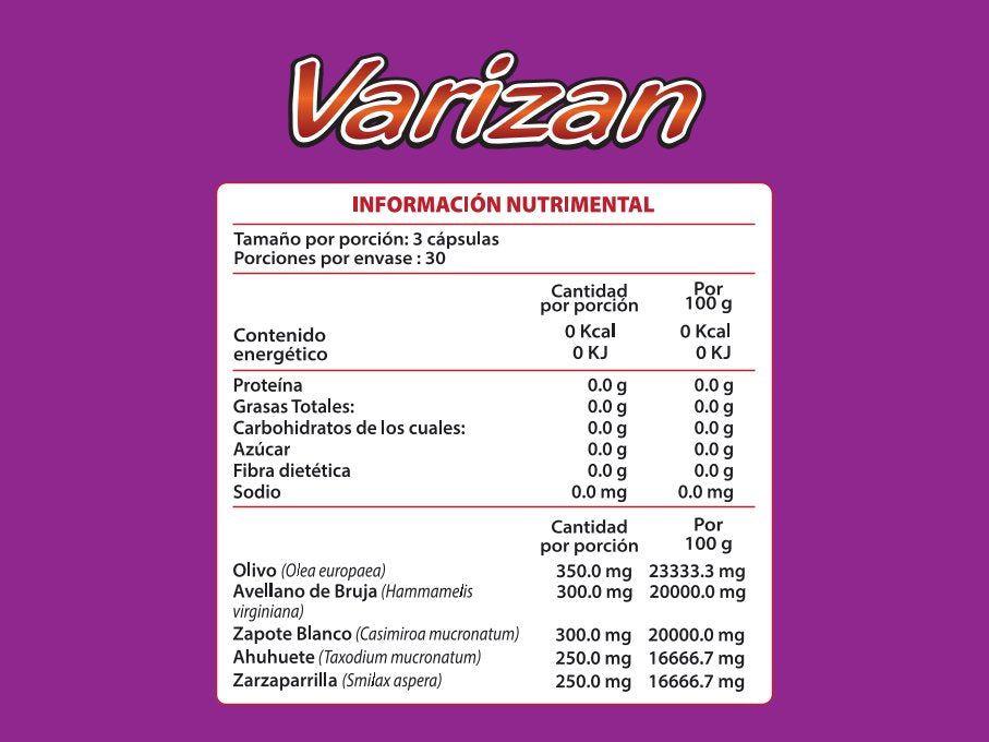 Varizan - Olivo Europeo, Hamamelis, Zarzaparrilla, Ahuehuete, Zapote Blanco - 90 cápsulas de 500 mg