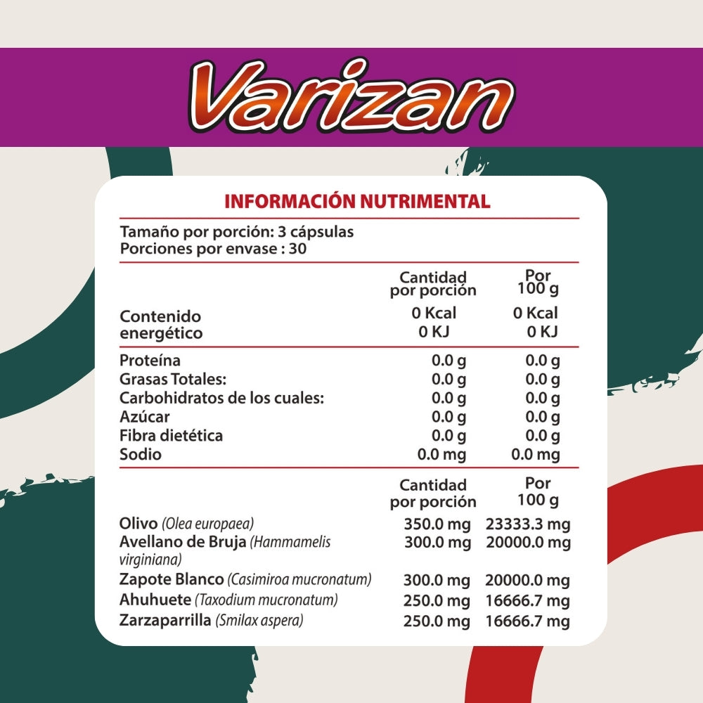 Varizan - Olivo Europeo, Hamamelis, Zarzaparrilla, Ahuehuete, Zapote Blanco - 90 cápsulas de 500 mg