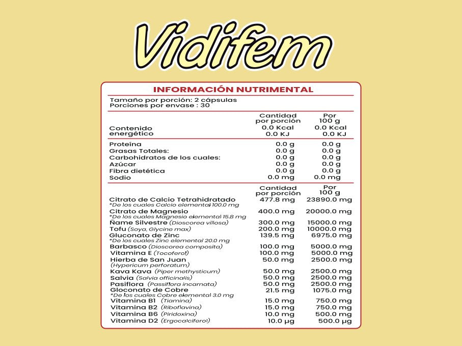 Vidifem - Camote Silvestre, Tofu, Barbasco, Hierba de San Juan, Kava kava, Salvia - 60 cápsulas de 1000 mg