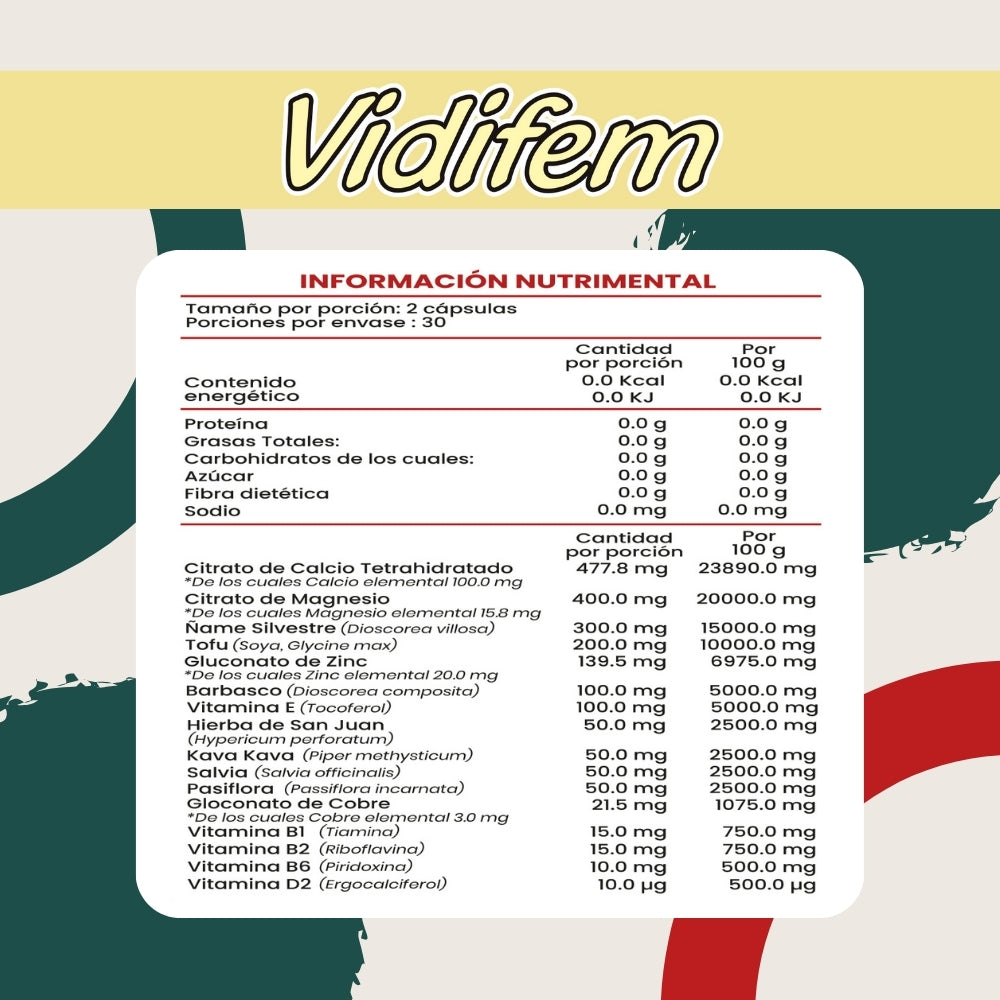 Vidifem - Camote Silvestre, Tofu, Barbasco, Hierba de San Juan, Kava kava, Salvia - 60 cápsulas de 1000 mg
