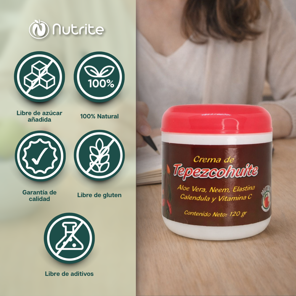 Crema con Tepezcohuite, Caléndula, Aloe Vera, Neem, Elastina, Vitamina C y FPS 15 - 120 gr