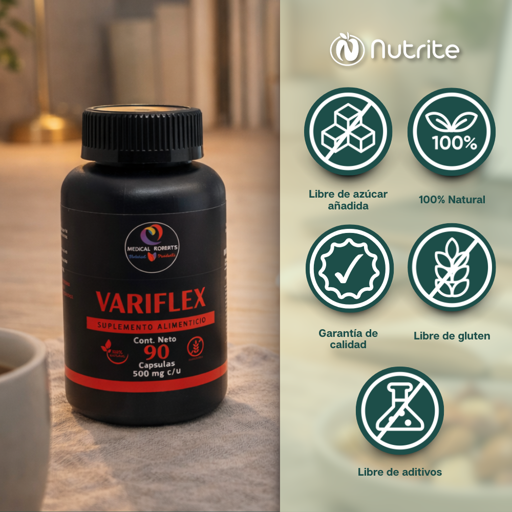 Variflex - Rusco, Vitis Vinifera, Escoba de Bruja, Toronjil - 90 Cápsulas de 500 mg