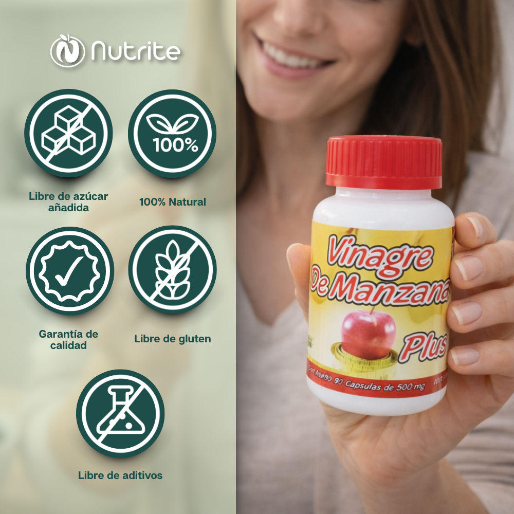 Vinagre de Manzana Plus - Vinagre de Manzana, Kelp, Focus, Lecitina de Soya - 90 cápsulas de 500 mg