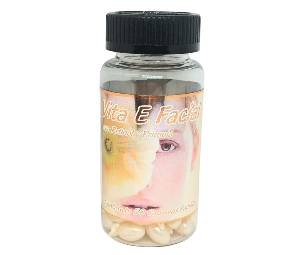 Vita E Facial - Vitamina E, Aceite de Prímula, Glicerina, Retinol - 50 Cápsulas Faciales 500 mg