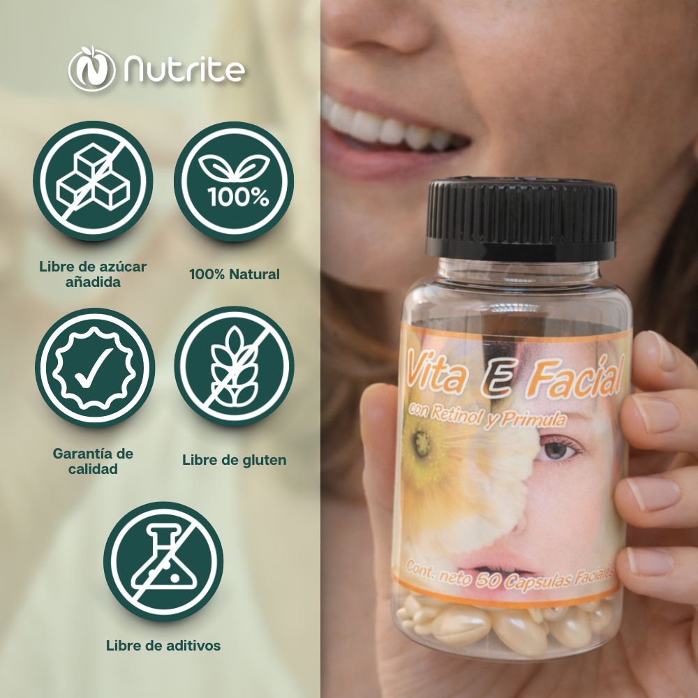 Vita E Facial - Vitamina E, Aceite de Prímula, Glicerina, Retinol - 50 Cápsulas Faciales 500 mg