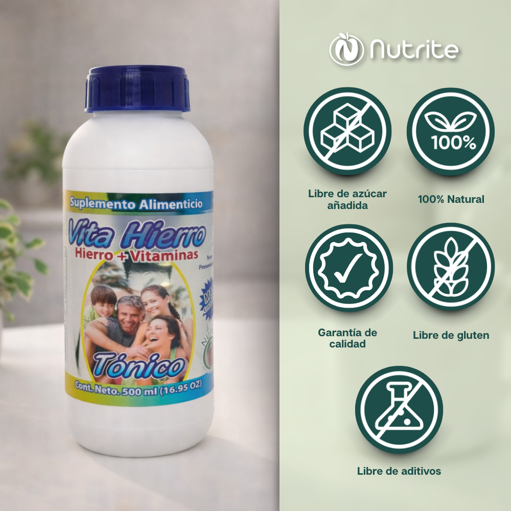 Vita Hierro - Tónico con Peptonato de Hierro, L-lisina, Vitamina B1, B2, B6, B12, Jalea Real - 500 ml