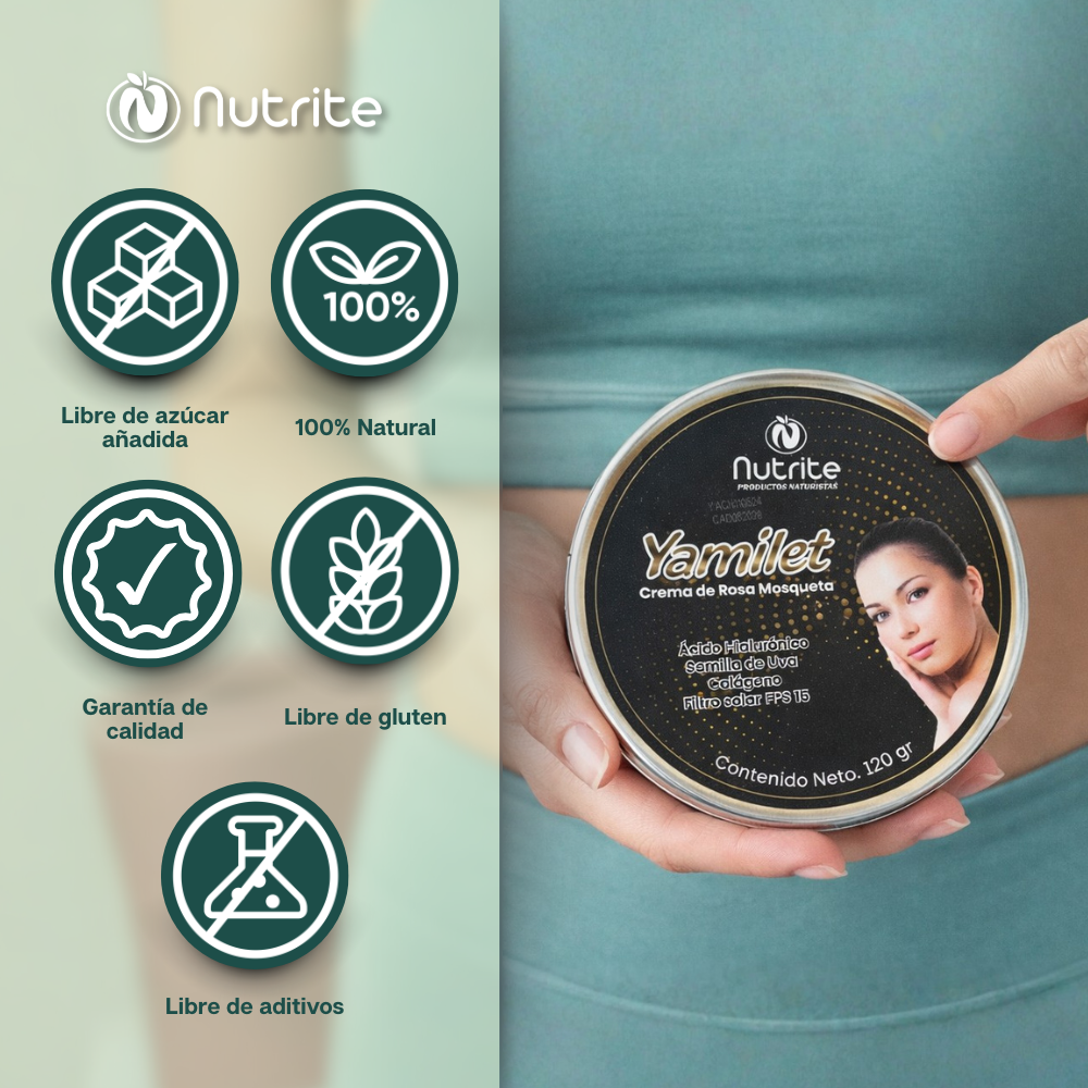 Yamilet - Crema con Rosa Mosqueta, Ácido Hialuronico, Semilla de Uva, Colágeno y FPS 15 - 120 g
